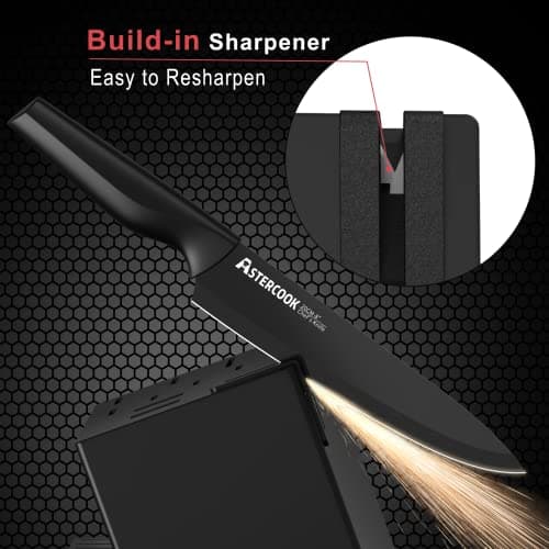 Knife Set, Astercook 21 Pieces Knife Sets for Kitchen with Block, Dishwasher Safe Kitchen Knife Set with Built-in Sharpener, German Stainless Steel Black Knife Block Set, Fathers Day Gift for Men — view 3