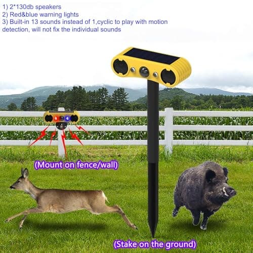 HULPPRE Solar Outdoor Motion Sensor Alarm-13 Sounds Including Dog Barking&Gunshot,2 * 130db Loud Noise Maker,4 Modes,Red&Blue Motion Activated Strobe Light,Say Goodbye to The Intruders — view 3