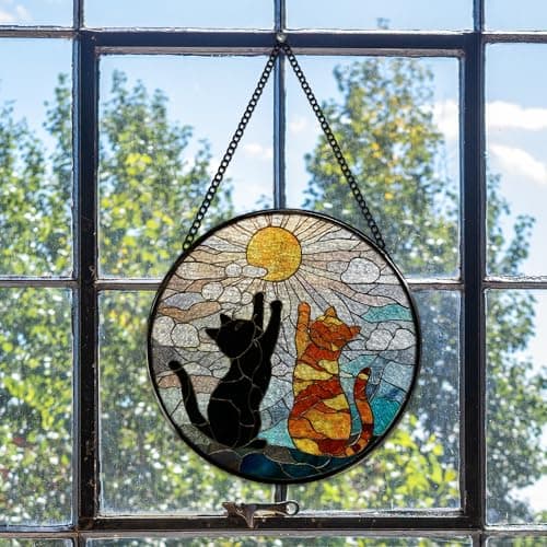 JMENGSSFL Funny Black and Orange Cat Stained Glass Window Hanging, Cat Lovers Gifts Suncatcher Sun Catchers Indoor Window, Cats Round Glass Wall Art Hanging Decor, 7.9x7.9 inch — view 2