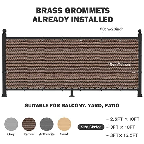 UIRWAY Privacy Screen Balcony Fence 3'x16.5', Garden Courtyard Privacy Fence Screen with Zip Ties UV Protection, for Animal Barriers, Decks, Patios, Outdoor Pools, Porches, Condo Railings - Brown — view 2