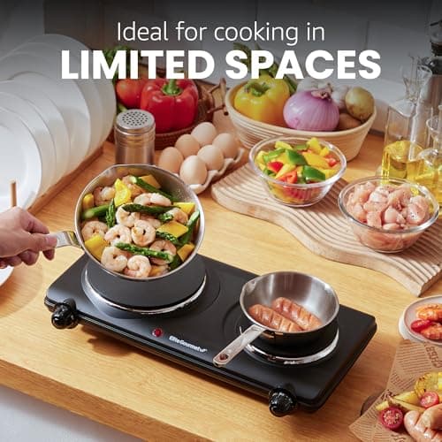 Elite Gourmet EDB-302BF# Countertop Double Cast Iron Burner, 1500 Watts Electric Hot Plate, Temperature Controls, Power Indicator Lights, Easy to Clean, Black — view 4