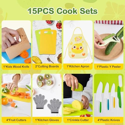 COVLUROTO 15PCS Montessori Kitchen Toys for Toddlers: Stocking Stuffers for Kids - Kids Safe Cooking Sets Real Knife Set for Real Cooking - Easter Basket Stuffers Christmas Birthday Gifts for Boy Girl