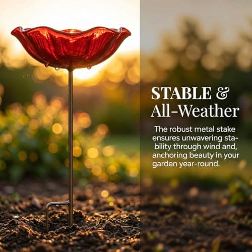2026 New Metal Flower Garden Stakes Bird Bath, Handmade Mini Birdbath Flower Stake, Butterfly Bee Bath Bowl for Outdoor Lawn Yard Decor (Red+Red) — view 5