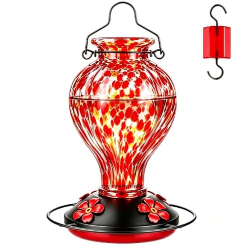 Tegarbed Hand Blown Glass Hummingbird Feeders for Outdoors Hanging, 24oz Wild Bird Nectar Feeder with Ant Moat and Perch, Bee-Resistant Ports, Garden Decor, Gifts for Women Mom, 1 Pack, Red Polka Dots