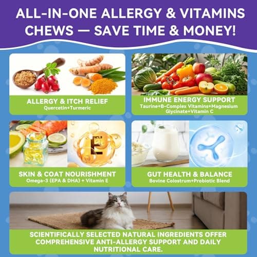Cat Allergy Relief for Cats, Allergy Treats with Multivitamin Omega-3 Probiotic for Cats, Immunity Supports Seasonal Itching Licking & Scratching for All Breeds 500 Crunchy & Krill Core Chicken Flavor — view 3