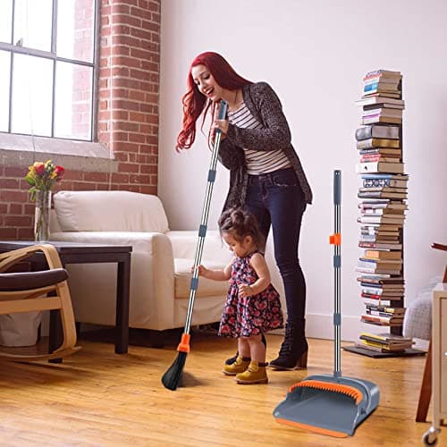 kelamayi Upgrade Broom and Dustpan Set, Self-Cleaning with Dustpan Teeth, Indoor&Outdoor Sweeping, Ideal for Dog Cat Pets Home Use, Stand Up Broom and Dustpan (Gray&Orange) — view 6