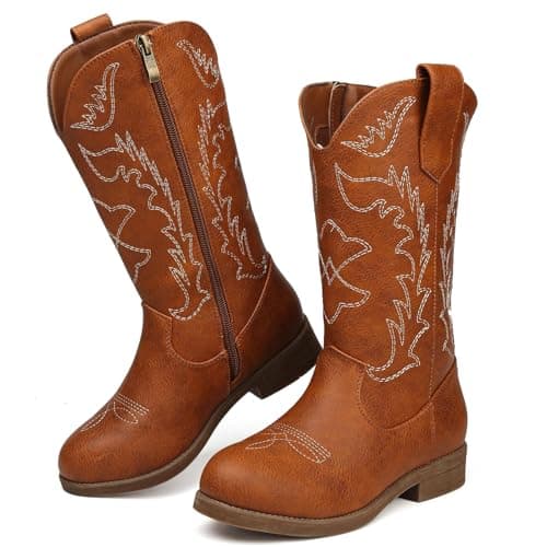 Kids Cowboy Boots Cowgirl Boots For Girls & Boys, Brown Western Cowboy Boots With Side Zipper, Pu Leather Round Toe Little Kid Boots