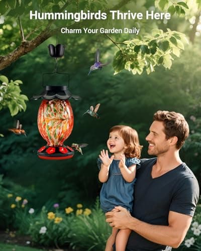 HouseSapp Solar Hummingbird Feeder - 49 fl.oz Hand Blown Glass Color Changing - 7 Feeding Ports with Perch - Never Leak - Perfect Hummingbird Feeder for Outdoors Hanging (Red) — view 4
