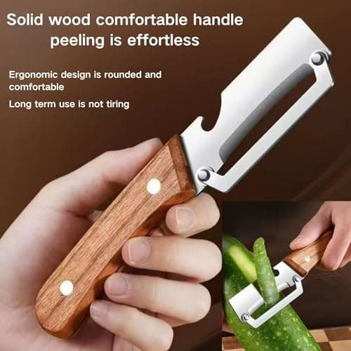 2 PCS Multi-Functional Kitchen Peeler, Vegetable Peeler, Wooden Kitchen Tool, Premium Wooden Handle - Stainless Steel Single Blade & Built-In Bottle Opener, Suitable for Peelable Vegetables & Fruits — view 2