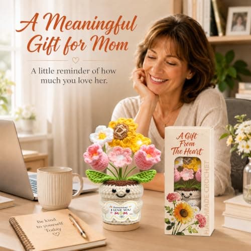 Gifts for Mom, Mothers Day Gifts for Mom from Daughter Son, Mom Birthday Gifts, Crochet Flower Pot, Handmade Knitted Sunflower Tulip, Cute Mom Gifts Desk Decor Emotional Support Gift — view 3