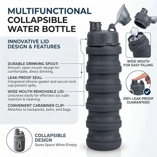 YCTMALL Collapsible Water Bottles Two Pack Travel Sports Portable Sport Water Bottle comes with mountaineering Buckle 500ml silicone Water-proof camping water bottle (Purple and Grey Color) — view 3