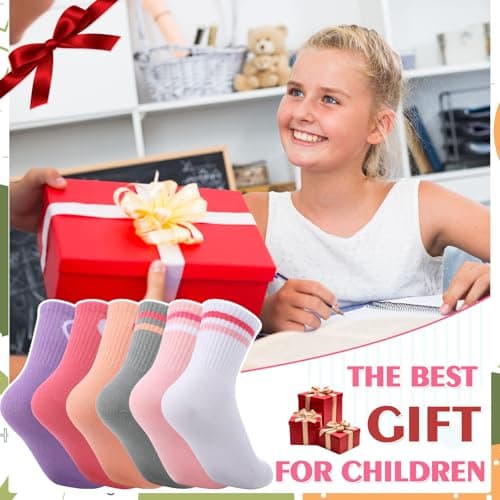 6 Pairs Kids Crew Socks with Stripes Hearts, Junior Cotton School Sports Socks, Casual Stretchy Sock for Girls and Boys 6-9 Years, 02-hearts stripes-b — view 5