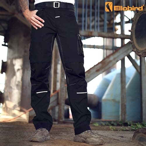 Ellobird Men's Construction Work Utility Pants Relaxed Fit Stretch Flex Cordura Double Knee Reinforcement Carpenter Cargo,(Black Knight,34W x 32L) — view 2