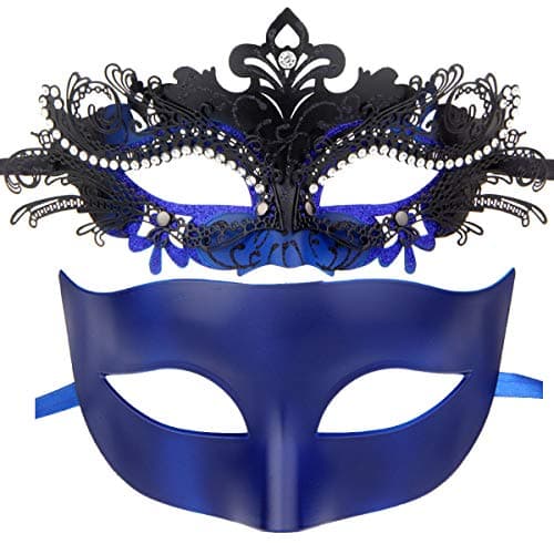 Couples Pair Mardi Gras Venetian Masquerade Masks Set Party Costume Decorations (Black&Dark Blue)