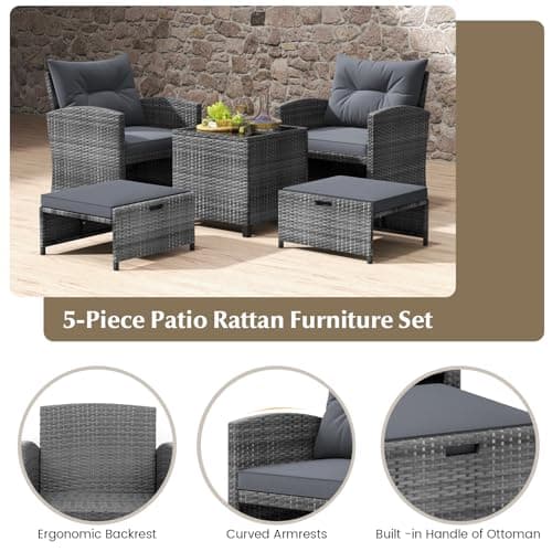 KOTEK 5 Pieces Patio Furniture Set with Ottomans, Wicker Patio Conversation Set with Coffee Table & Cushions, PE Rattan Outdoor Lounge Chairs for Backyard, Porch, Poolside (Mix Grey- Grey) — view 2