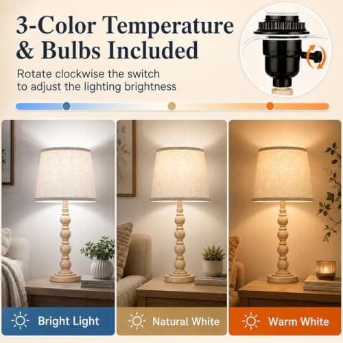 Farmhouse Table Lamps Set of 2, 21" Vintage Nightstand Desk Lamps with Linen Shades, Rustic Resin Bedside Lamps for Bedroom, Living Room, Office, Includes LED Bulbs with 3 light settings, Beige