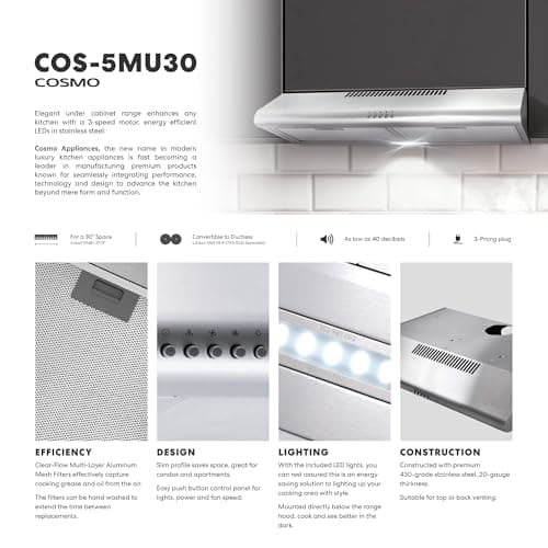 COSMO COS-5MU30 30 in. Delta Collection Ducted Under Cabinet Range Hood, Button Controls, Reusable Filters, LED Lights, Stainless Steel — view 2
