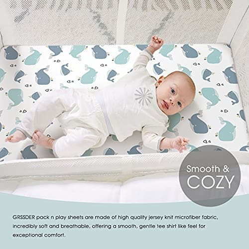GRSSDER Stretchy Ultra Soft Jersey Knit Fitted Pack n Play Sheets Set 2 Pack, Portable/Mini Cribs Playards Sheets, Universal Fitted Pack and Play Mattress Sheets, Lovely Whale for Girls and Boys — view 3