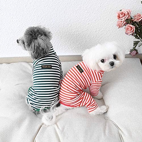 Hdwk&Hped Soft Cotton Dog Pajamas for All Seasons, Striped Pet Bottoming Jumpsuit for Small Dog Cat Puppy (#5, Striped Style - 2-Pack(red&Dark Green)) — view 2