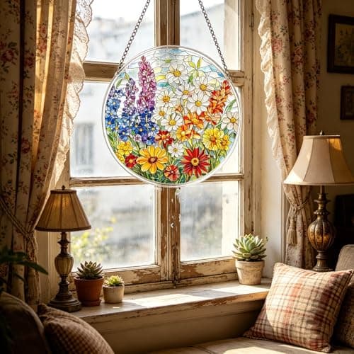 Acrylic Puzzles Suncatcher Window Hanging - 83 Pieces 7.4 Inch Stained Glass Sun Catcher Puzzle Farmhouse Decorations for Home Garden Patio, Birthday Gifts for Mom Women Adults (Garden) — view 4