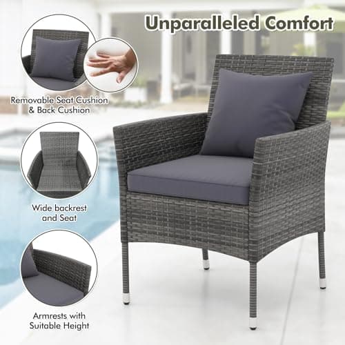 DORTALA Wicker Patio Furniture Set 3 Piece, Small Outdoor Table & Chairs with Tempered Glass Tabletop, Cushions, Rattan Conversation Bistro Set for Balcony, Porch, Backyard, Deck, Mix Gray+Gray