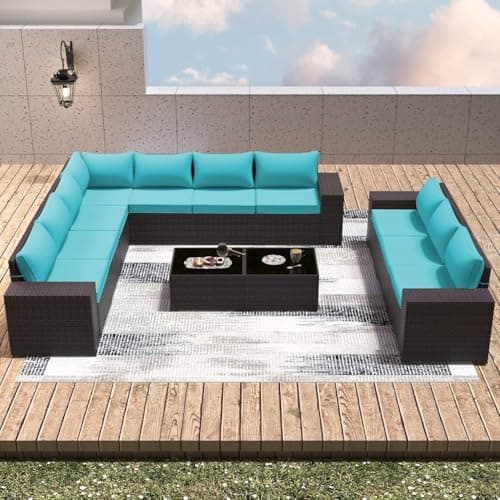 RTDTD 12 PCS Outdoor Patio Furniture Set,Outdoor Sectional Furniture All Weather PE Rattan Wicker Patio Conversation Set with 2 Coffee Tables and 10 Thickened Cushions,Blue — view 7