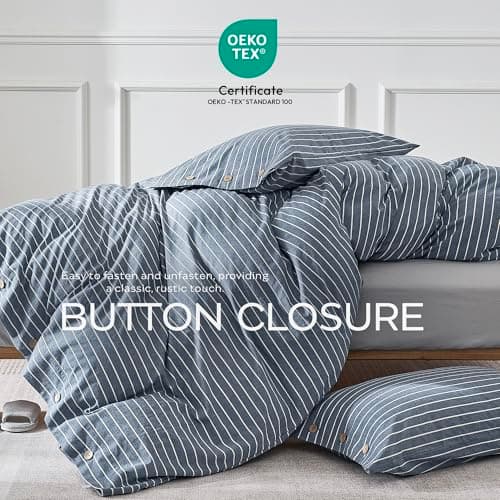 JELLYMONI Pinstriped 100% Washed Cotton Linen Like Duvet Cover Set, 3 Pieces Luxury Soft Bedding Set with Buttons Closure, Blue Stripes Pattern Printed Duvet Cover Twin Size(No Comforter) — view 4