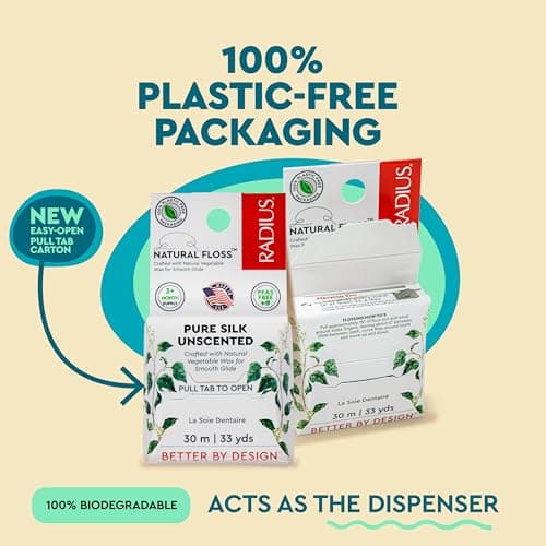 RADIUS Natural Silk Dental Floss, Now 30% Thinner for Smooth Glide in Tight Teeth, Hand-Spun Silk Infused with Coconut Oil, Plastic-Free & Sustainable Packaging, Unscented, 33 YD - Pack of 1 — view 5