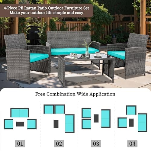 4 Piece Patio Ratten Set Outdoor Furniture Set Wicker Conversation Sets with Cushions and Tempered Glass Tabletop,Blue