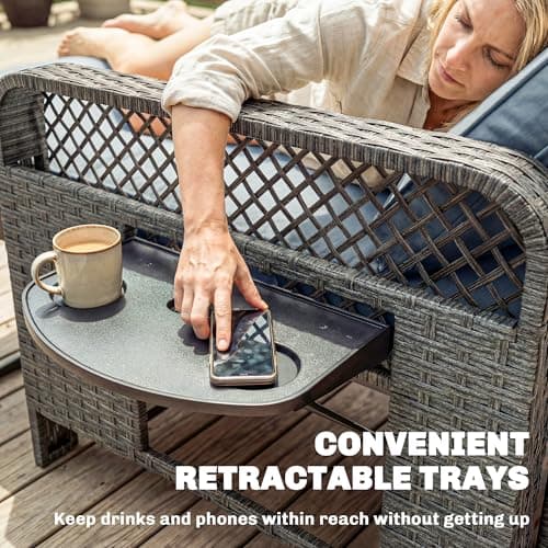 Outsunny 2 Pieces Patio Lounge Chair Set with Cushions, PE Wicker Outdoor Chaise Lounge with Adjustable Backrest, Side Trays and Storage Ottoman, Tanning Chair, Light Grey — view 6