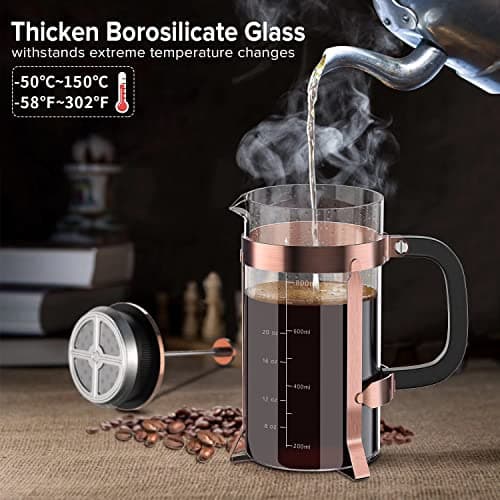 QUQIYSO French Press 34oz, Stainless Steel and Thickened Glass Coffee Maker