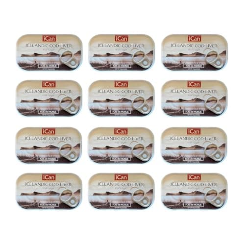 Ican Wild-Caught Iceland Cod Liver - Bulk Savings - Case of 12 – 4.06 oz Canned Cod Liver in Own Oil – Rich in Omega-3 & Vitamin D – Keto & Paleo Friendly