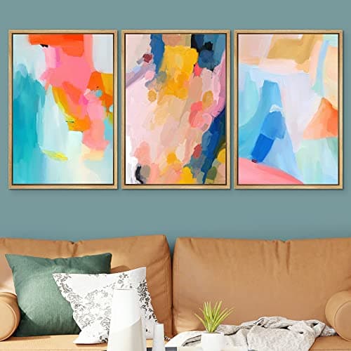 SIGNWIN Framed Canvas Print Wall Art Set Vibrant Rainbow Paint Stroke Collage Shapes Abstract Illustrations Modern Art Decorative Nordic Calm/Zen for Living Room, Bedroom, Office - 24"x36"x3 Natural