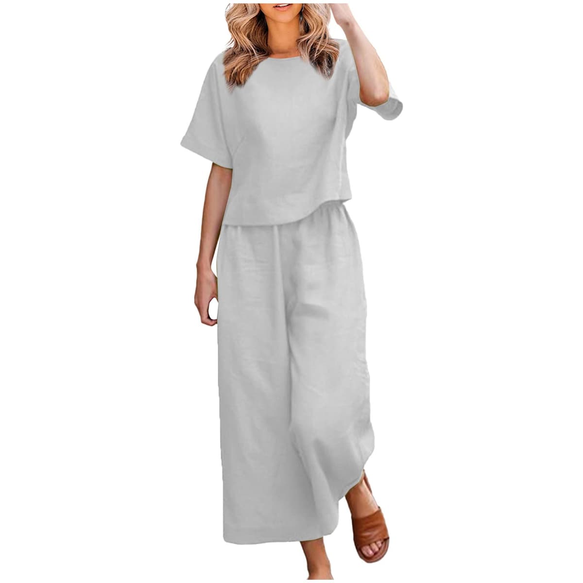 Womens 2 Piece Outfits Summer Linen Sets Short Sleeve V Neck Cropped Top Wide Leg Capris Pants Beach Lounge Sets — view 7