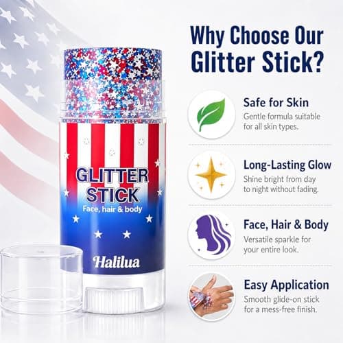 4th of July Body Glitter Stick, Patriotic Hair Face Glitter Stick, Fourth of July Outfits and 250th Anniversary Accessories, USA Flag Accessories for Women, Red White and Blue Waterproof Hair Glitter — view 3