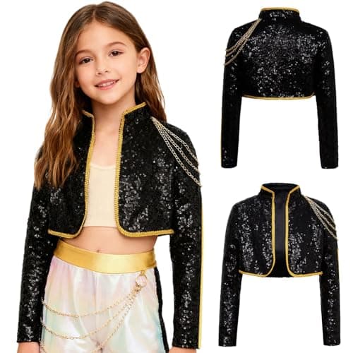 YONGHS Girls Sequin Popular Singer Tops Music Festival Stage Performance Sparkly Dance Crop Jacket Black 6 Years — view 5