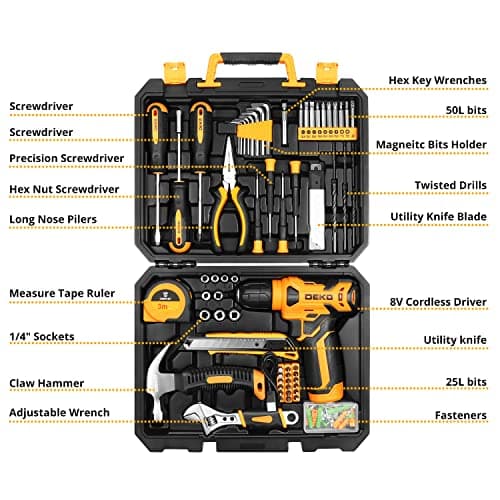 DEKOPRO 126 Piece Power Tool Combo Kits with 8V Cordless Drill, 10MM 3/8'' Keyless Chuck, Professional Household Home Tool Kit Set, DIY Hand Tool Kits for Garden Office House Repair