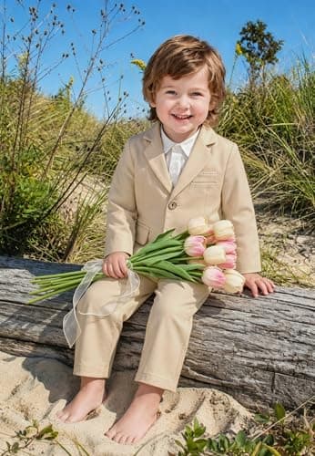 Volunboy Toddler Suit Baby Boy 2 Piece Formal Tuxedo Boys Cotton Linen Gentleman Outfit (LightKhaki, 3-4T) — view 2