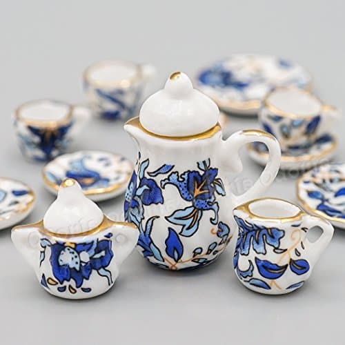 Odoria 1/12 Scale Miniature Porcelain Tea Set 15Pcs Dollhouse Accessories, Blue