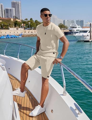 UOUA Mens Short Sets 2 Piece Summer Outfits Casual Short Sleeve Crew-Neck Shirts & Shorts Track Suit Jogging Loungewear, Beige L