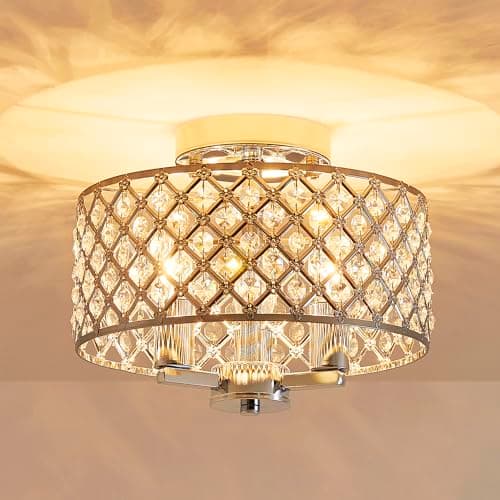 AGV Lighting Semi Flush Mount Ceiling Light Fixture, Crystal Ceiling Chandelier, E12 Base 3-Light, Chrome Finish with Crystal Beads