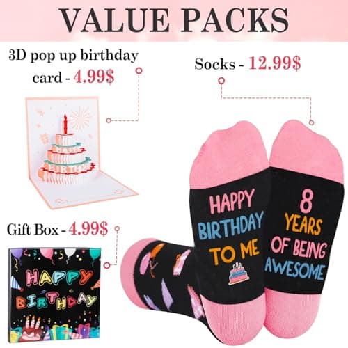 8 Year Old Girl Gift Ideas, Socks for 8 Year Old Girls, 3D Pop Up Birthday Card, 8th Birthday Gifts for Girls — view 4