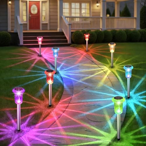 Eyrosa Solar Outdoor Lights, 10 Pack Solar Pathway Lights Outdoor Waterproof, Stainless Steel Solar Stake Lights for Garden Yard Path Walkway Driveway Patio Lawn Decor - Color Changing