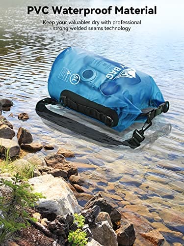 HEETA Dry Bag Waterproof for Women Men, Roll Top Lightweight Dry Storage Bag Backpack with Phone Case for Travel Swimming Boating Kayaking Paddle Board Camping Beach Accessories (Transparent Blue, 5L) — view 2