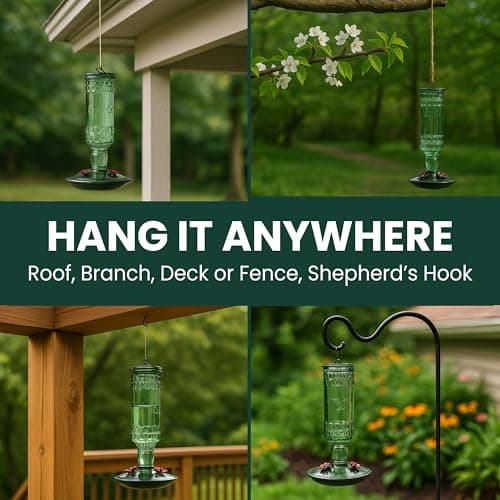 Perky-Pet Glass Bottle Hummingbird Feeder - Outdoor Garden Décor Humming bird Feeder, 8108-1SR - 10 Fl Oz Nectar Capacity - Durable Green Antique Design - Hang from Tree, Porch, Deck, Hook — view 5