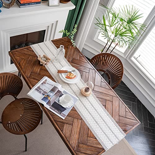 Alynsehom Macrame Table Runner Cream Beige Boho Table Runners with Tassels Hand Woven Cotton Table Runner Rustic Farmhouse Table Runners for Bohemian Kitchen Dining Table(12x108in) — view 5