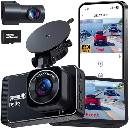 DELLFY Dash Cam Front and Rear Camera with App Control, 4K+2K Dashcams for Cars with 5G WiFi, Night Vision, G-Sensor, Loop Recording & 24H Parking Mode, 170°Wide Angle, 32GB Card