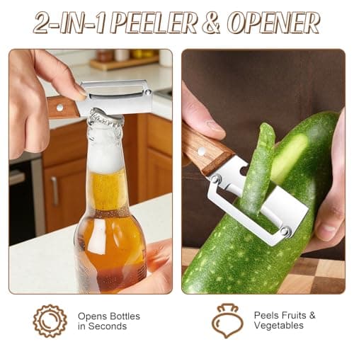 2026 Upgrade Vegetable Peeler With Wooden Handle, Stainless Steel Wide Blade Potato and Carrot Peeler, 3-in-1 Veggie Peeler With Scallion Shredder and Bottle Opener for Kitchen, Camping and Travel — view 2