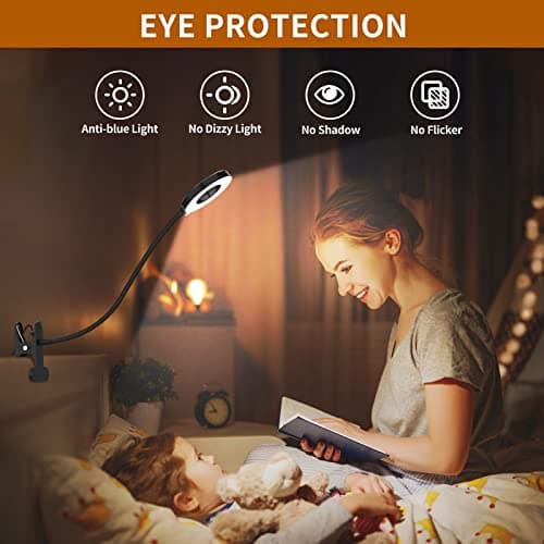 iZELL Desk Lamp, LED Reading Light with Clamp, 3 Color Modes & 10 Brightness Silicone Flexible Arm Book Light for Kids Reading Book in Bed at Night Clip on Table, Zoom Meetings - 15.8'' Black — view 6