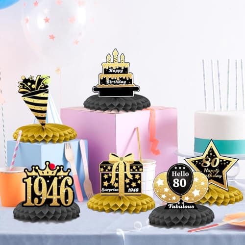80th Birthday Decorations Set, 1946 Table Toppers for Women Men Birthday Party Supplies, Happy 80 Year Old Table Decoration for Grandpa Grandma, 9Pcs Black & Gold Honeycomb Centerpieces — view 2